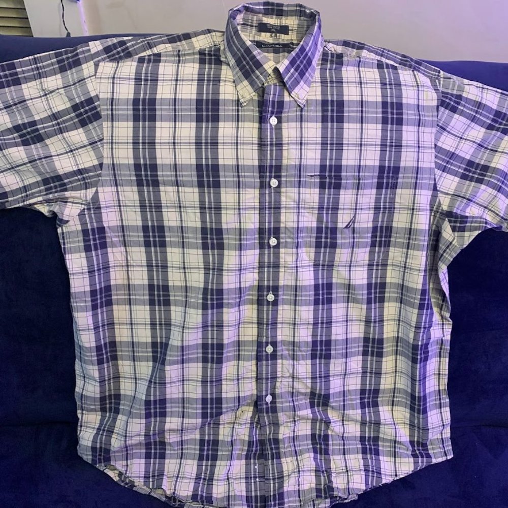Nautica -  Blue and White Checkered Short Sleeved Button Down Shirt XL Size